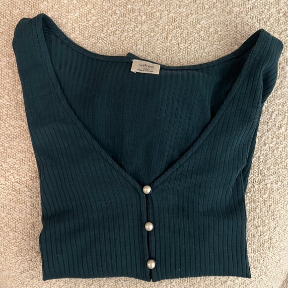 Aritzia Wilfred - Long V-Neck Knit - XXS Emerald Green, Faux Pearl Buttons - Picture 3 of 5